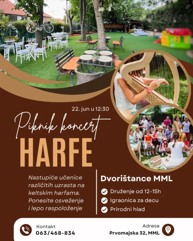 Pozivamo vas na druženje uz nastup harfe koji će izvesti učenice različitih muzičkih škola.

Možete poneti piće ili hranu i povesti koga želite, ulaz je besplatan!

Dobrodošli 🥰

#koncert #harfa #harp #harfinna #harfinnaharps #eufoniaharps #privatemusicschool #privatnicasovi #casovimuzike #radionice #muzika #music #proizvedenousrbiji #beograd #edukacija #education #deca #kids #madeinserbia #harpomania #harplessonsbelgrade #kreativno #hobi #slobodnovreme #art #desavanjaubeogradu #rodjendaonica #dvoristance #koncert